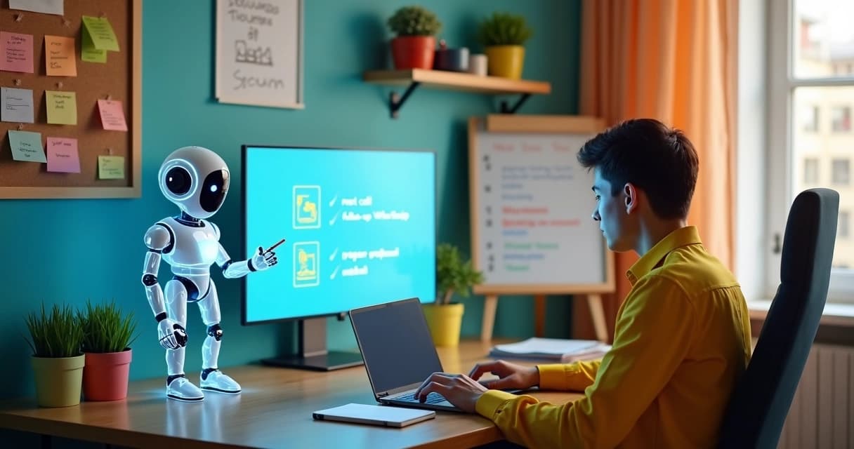 Agente de IA em formato humanoide transparente colaborando com vendedor em pequeno escritório colorido