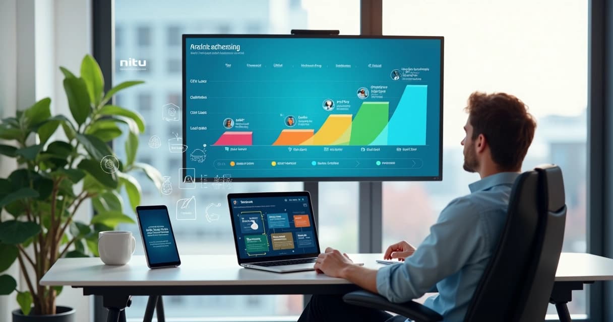 Painel colorido mostrando funil de vendas automatizado por IA em ambiente moderno