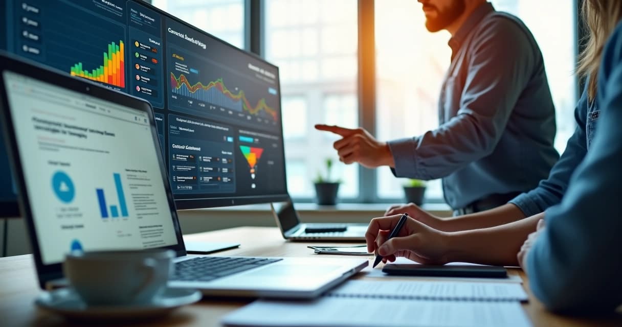 Equipe de marketing analisando blog corporativo em tela grande com gráficos de conversão