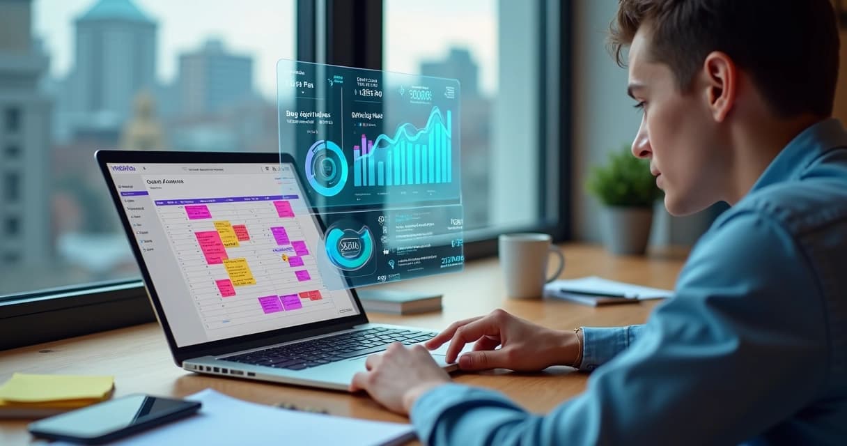 Empreendedor planejando temas de blog em laptop com gráficos digitais ao fundo