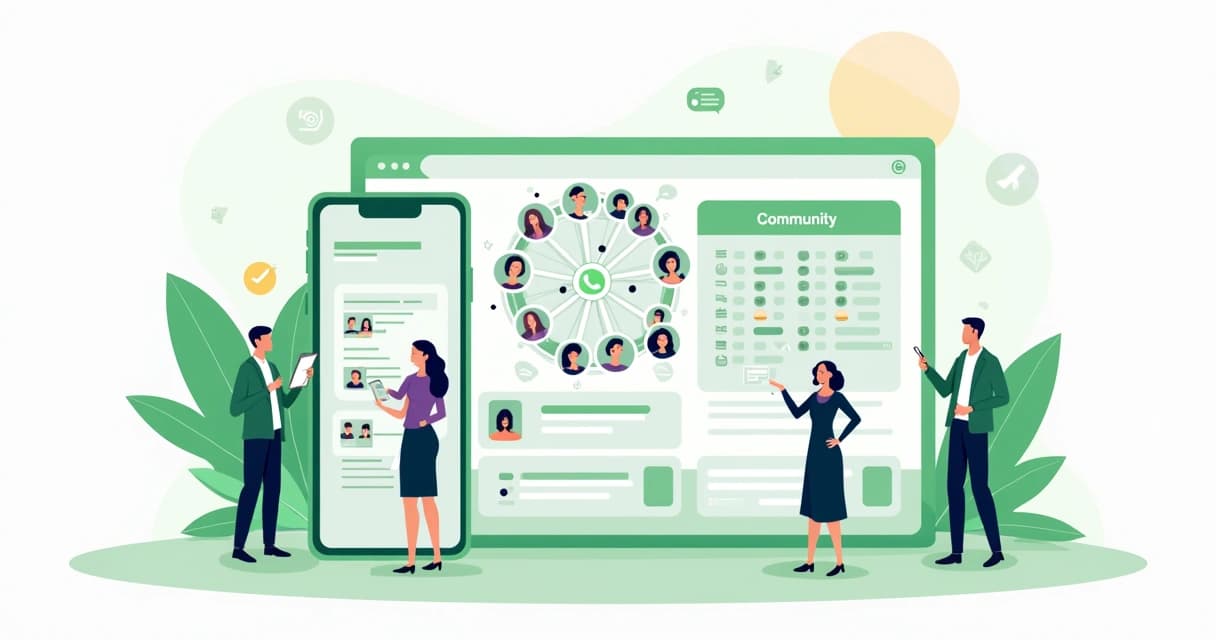 Ilustração mostrando comparação entre lista, grupo e comunidade no WhatsApp em painel dividido