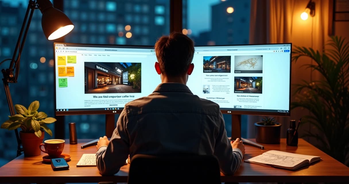 Designer montando site de negócio local em tela grande com elementos responsivos