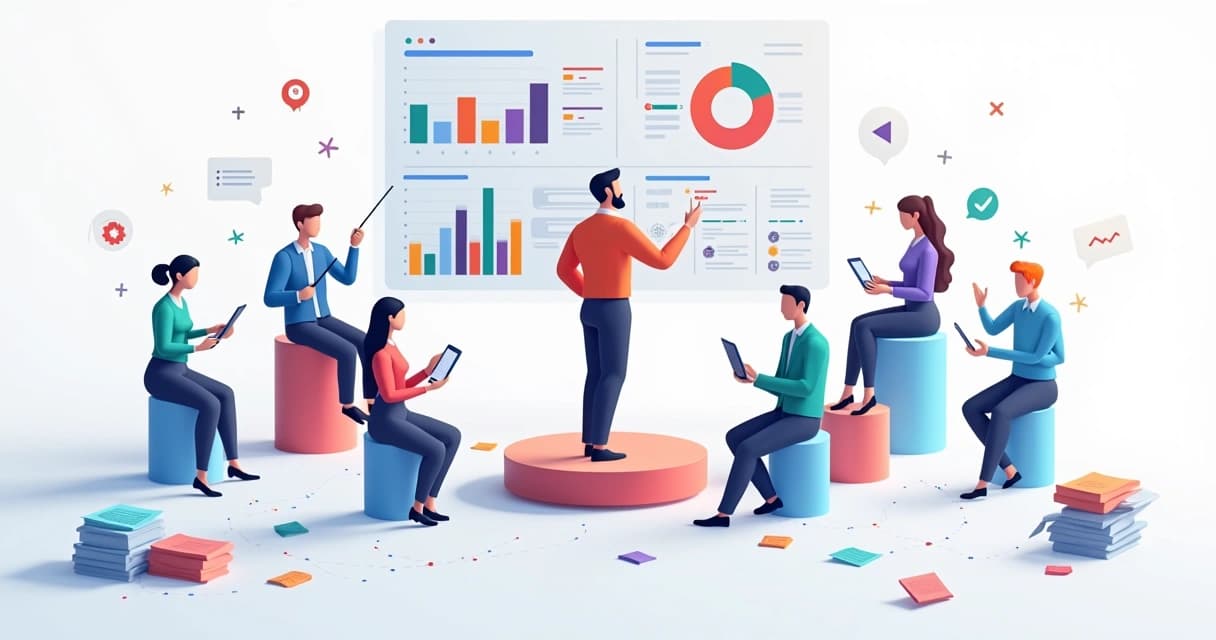 Ilustração de maestro conduzindo painel de vendas como orquestra de dados de CRM