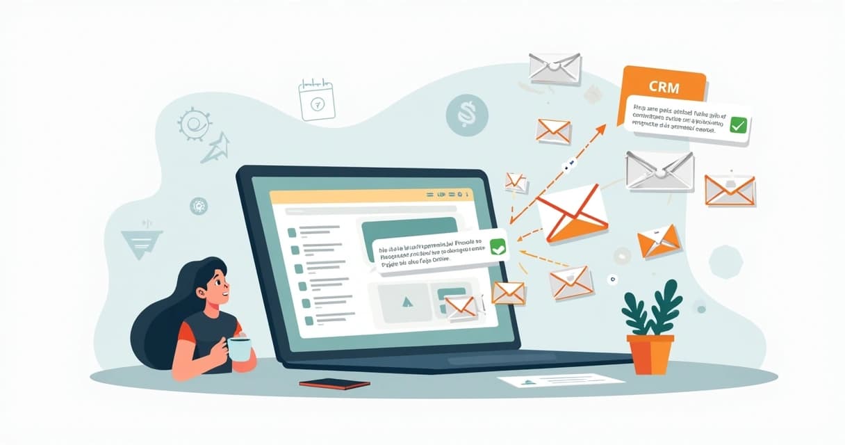 Ilustração de e-mails saindo de um painel de CRM com dados personalizados