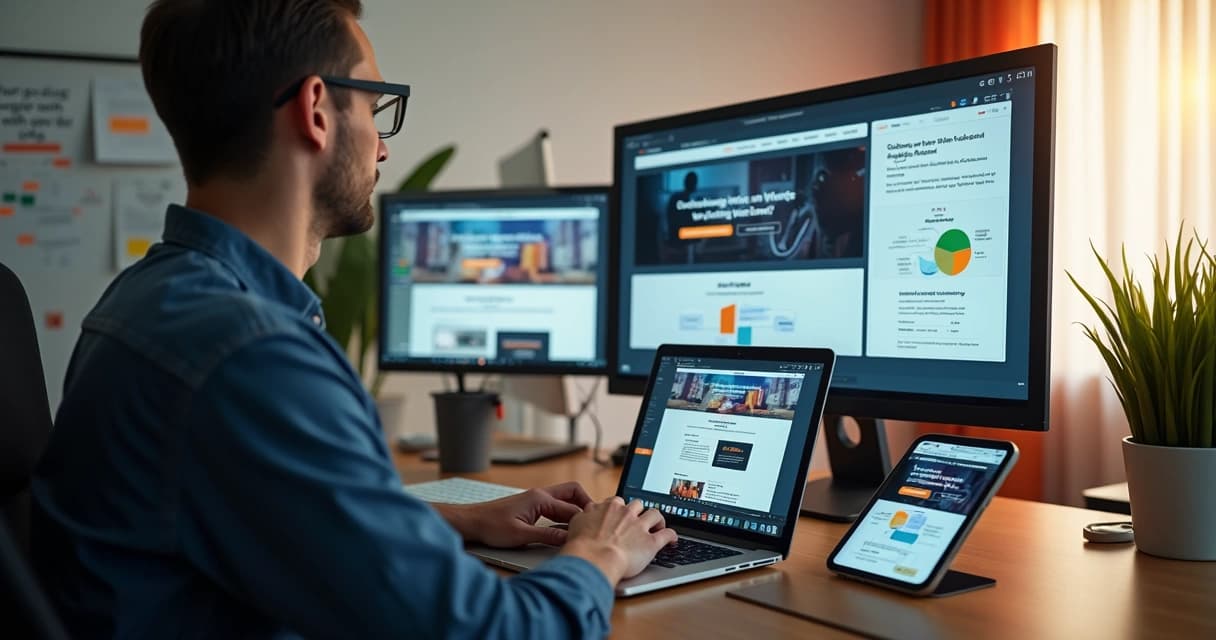 Desenvolvedor web no escritório criando website profissional com múltiplos dispositivos ao fundo