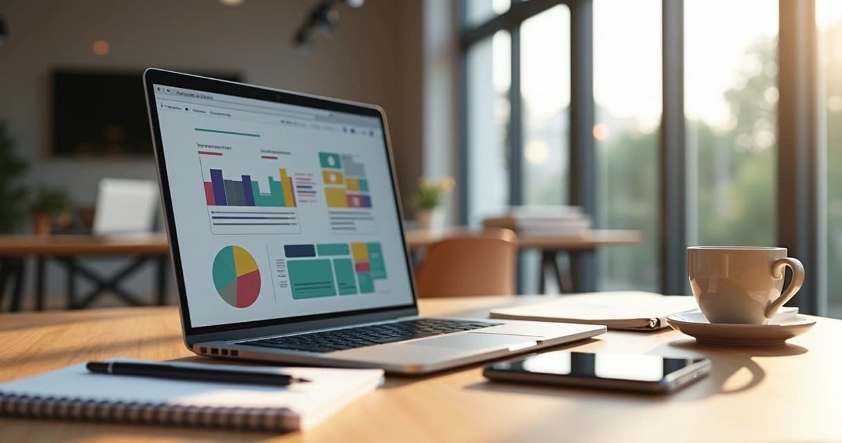 Mesa com laptop mostrando design de site responsivo, ao lado cadernos, canetas e xícara de café em ambiente de escritório moderno e iluminado
