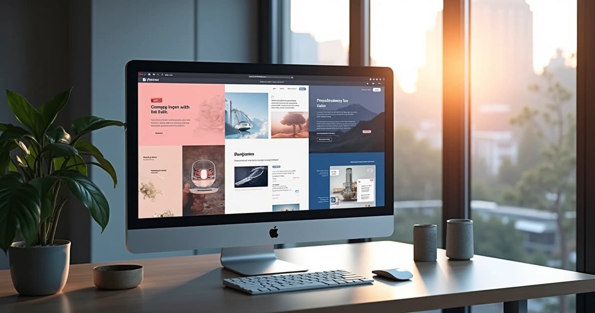 Tela de computador exibindo três designs modernos de sites responsivos com interface limpa e navegação intuitiva