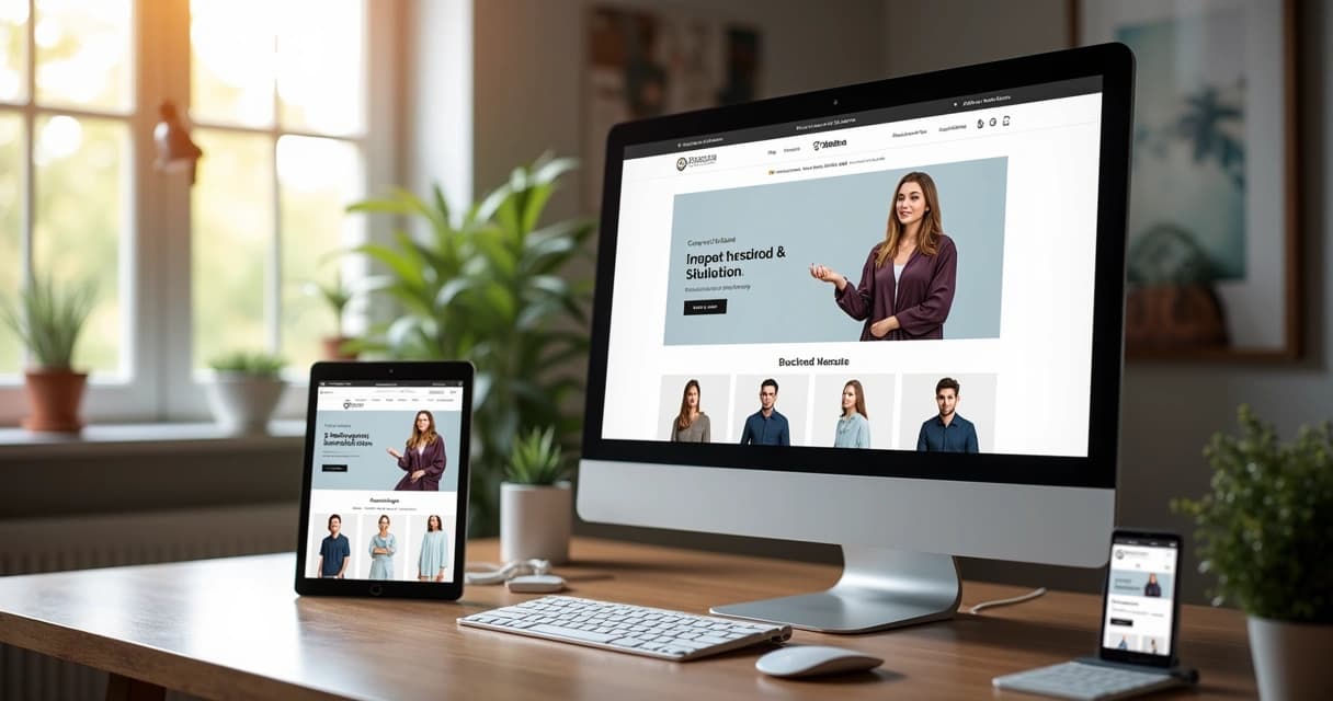 Tela de computador exibindo uma loja virtual moderna com navegação intuitiva e design responsivo