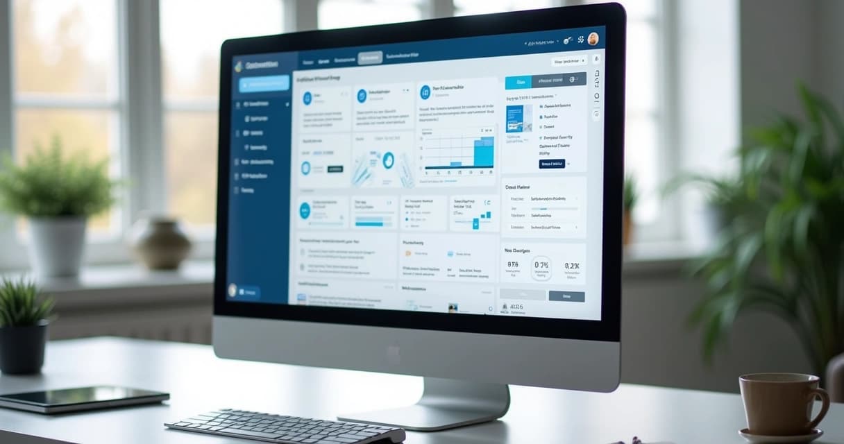 Interface digital com elementos UI variados em tela de computador moderno, mostrando botões, menus de navegação, gráficos e microinterações