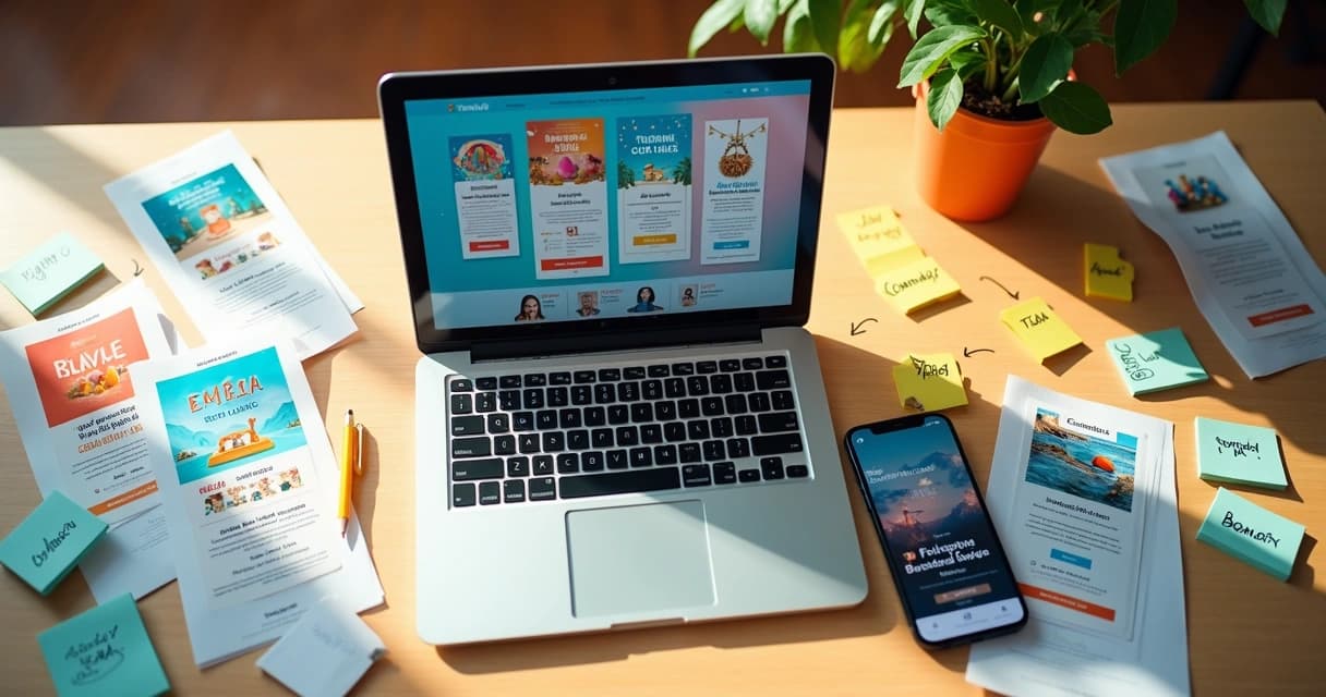 Tela de laptop com campanha de e-mail temática de datas sazonais sobre mesa colorida