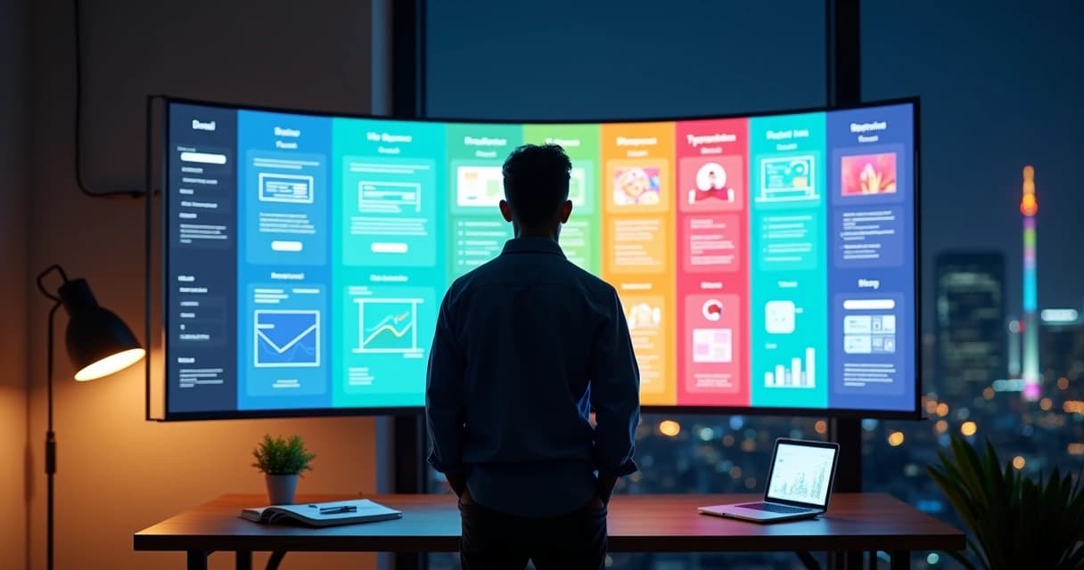 Empreendedor montando layout de site em tela gigante com auxílio de inteligência artificial