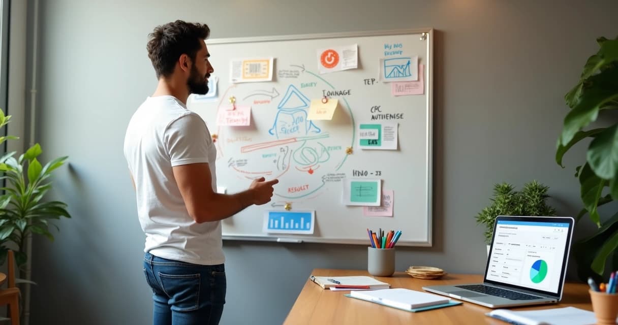 Empreendedor analisando mural com plano de campanha no Google Ads
