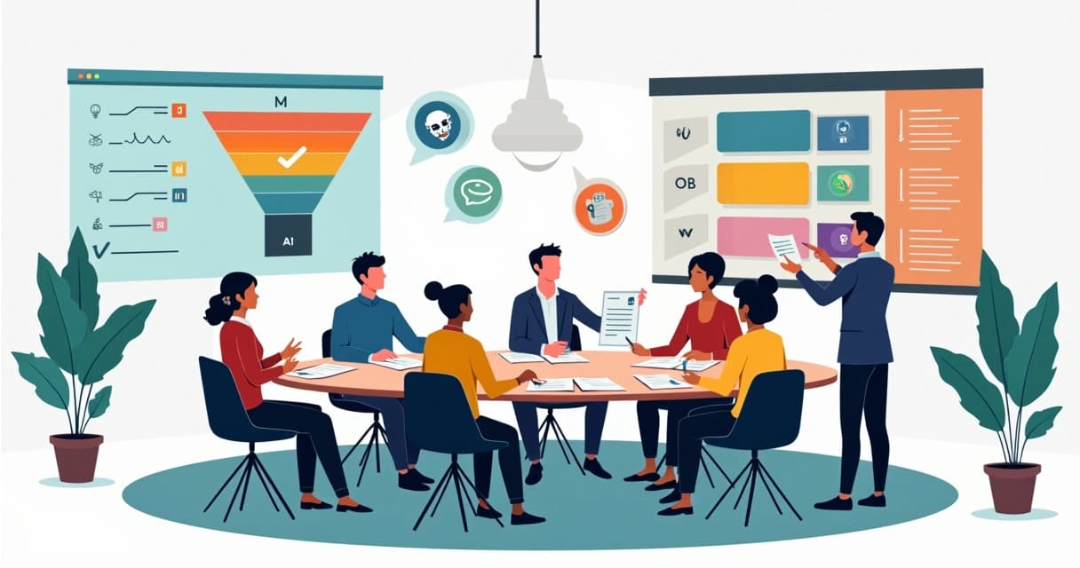 Equipe de vendas estudando juntos sobre IA e funil em uma sala moderna