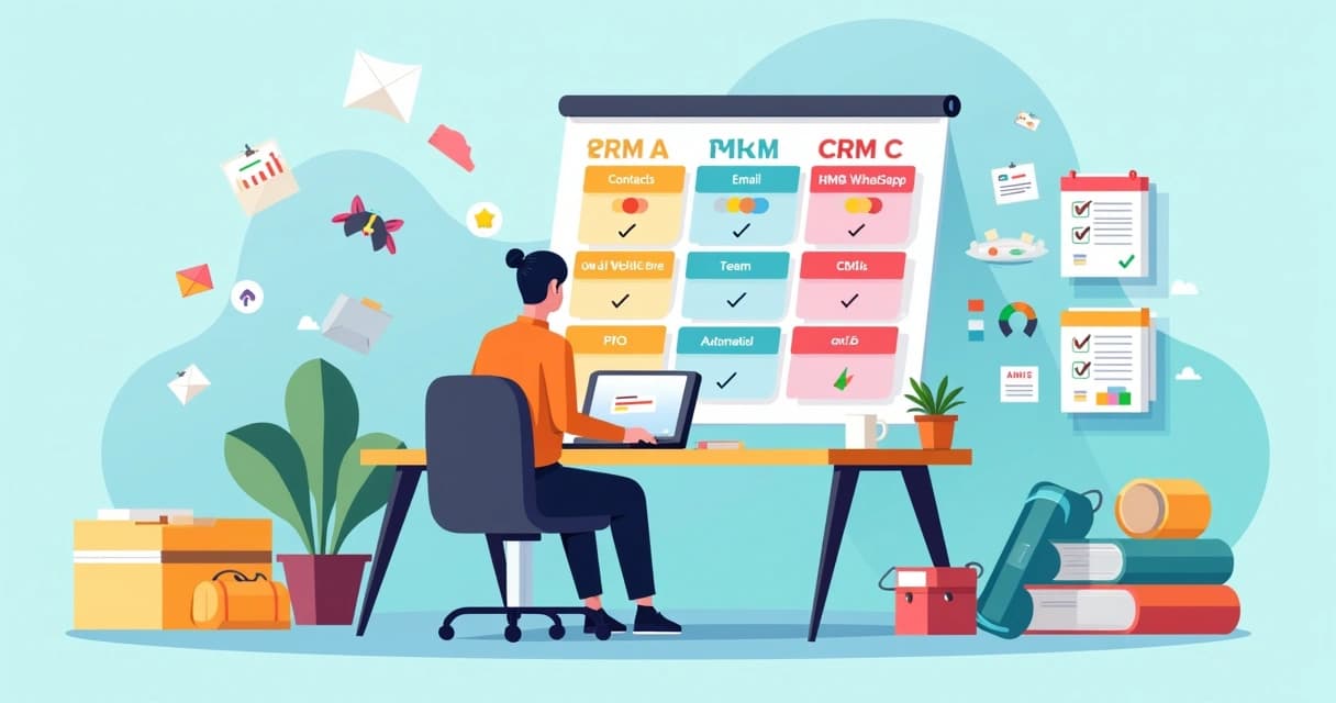 Pequeno empreendedor comparando diferentes CRMs gratuitos em painel colorido