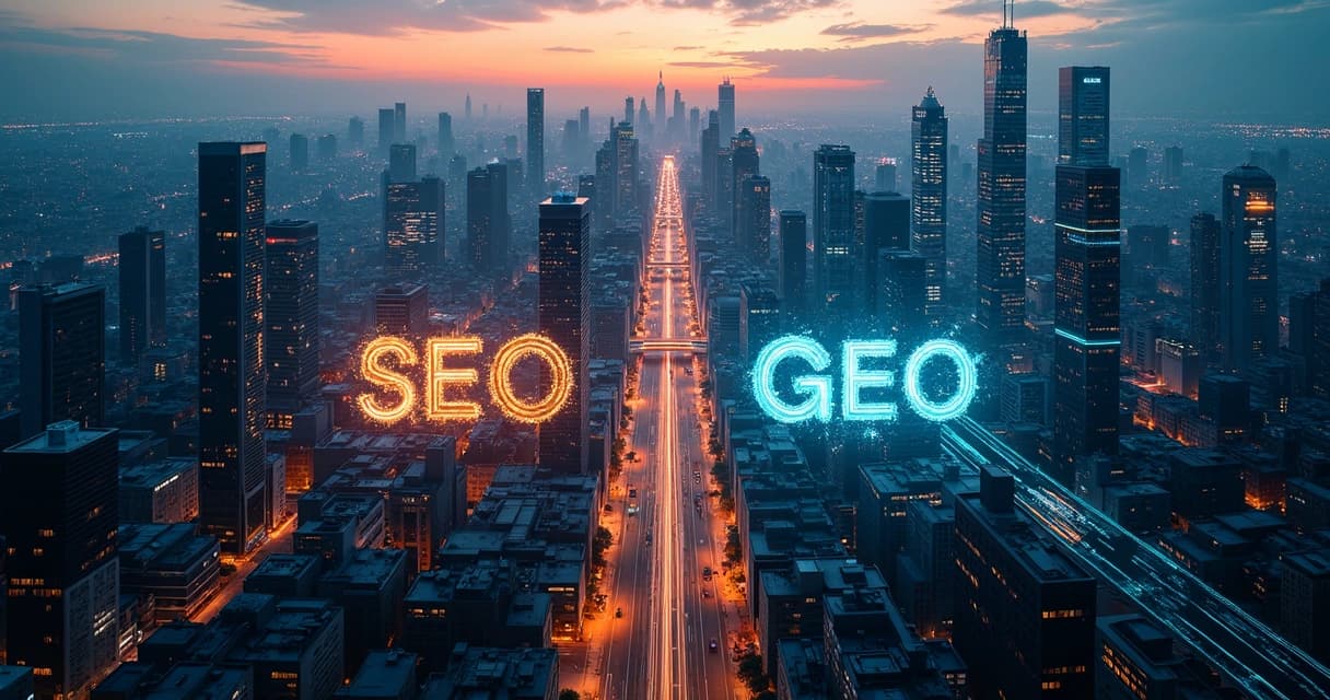 Cidade vista de cima com luzes formando siglas GEO e SEO conectadas por redes digitais