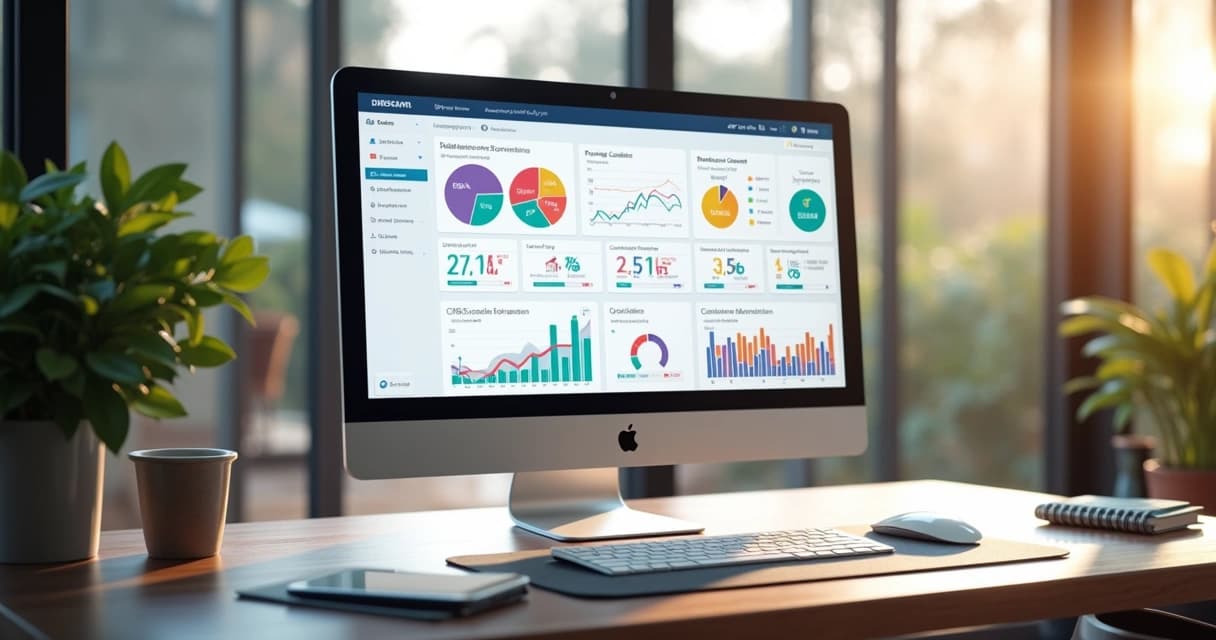 Tela de computador mostrando painel de CRM com gráficos, lista de clientes e estatísticas detalhadas