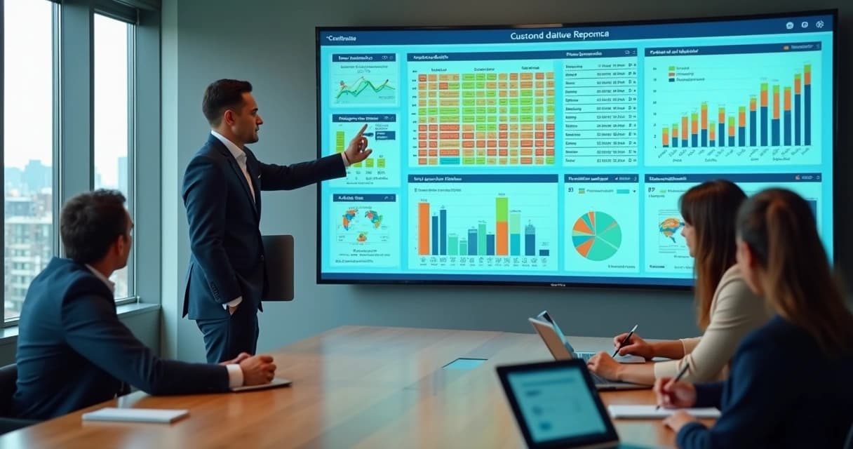 Gestor analisando telão com relatórios personalizados em sala de reunião moderna