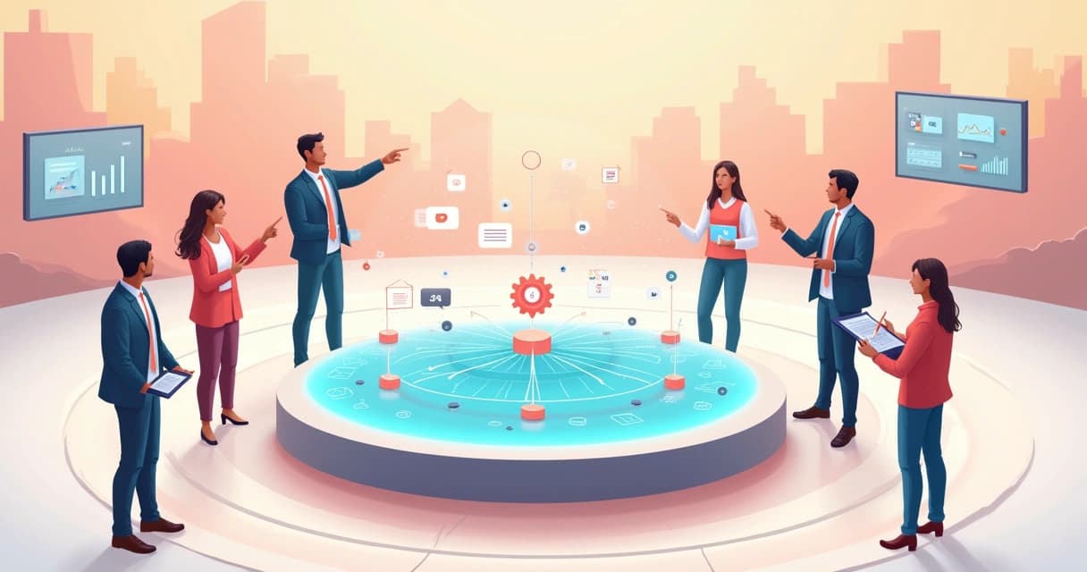 Profissionais de marketing observando esquema holográfico de IA conectando marketing e vendas