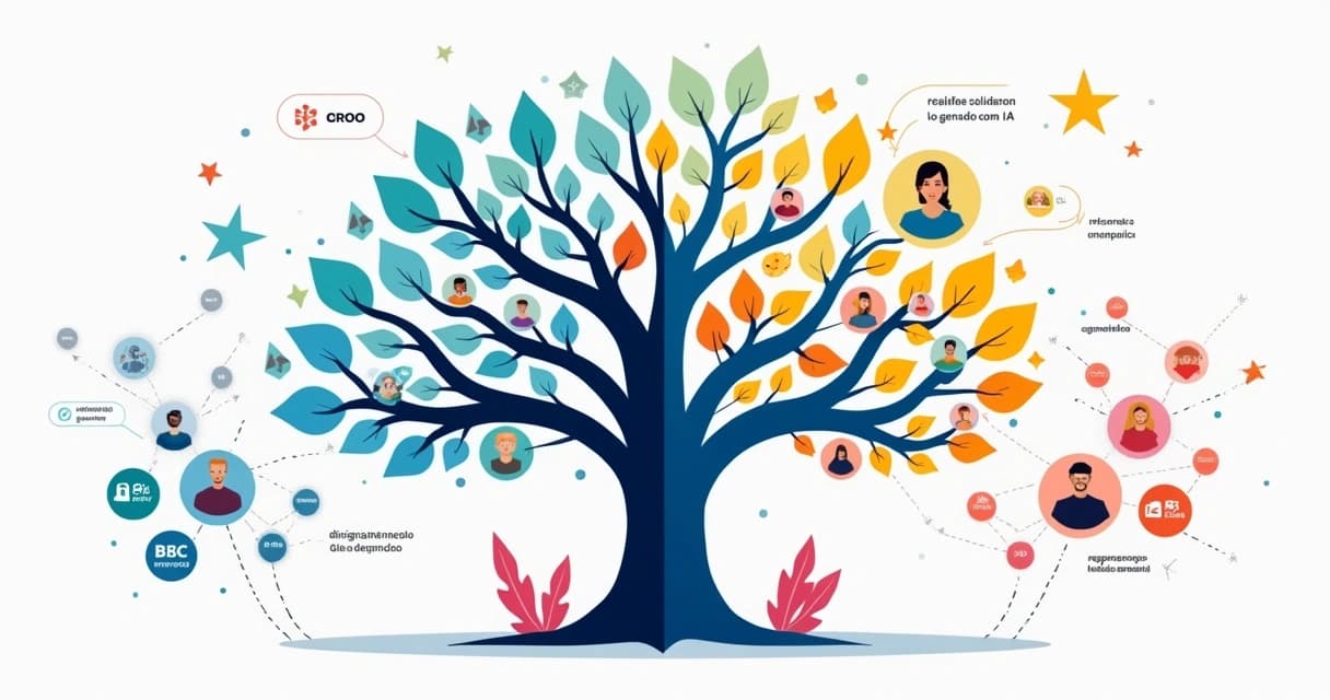 Ilustração de galhos coloridos conectando perfis de clientes em um painel de CRM