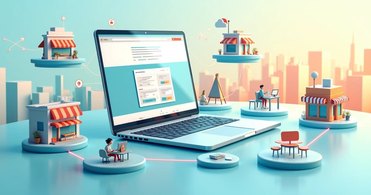 Ilustração de pequenos negócios em ícones conectados ao centro por um website aberto em laptop