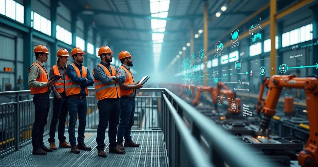 Equipe de vendas B2B observando chão de fábrica com dados digitais ao fundo