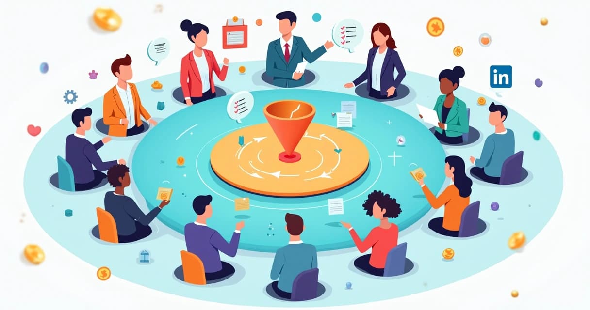 Painel colorido com perfis ilustrados de influenciadores de vendas ao redor de tabuleiro central em forma de funil