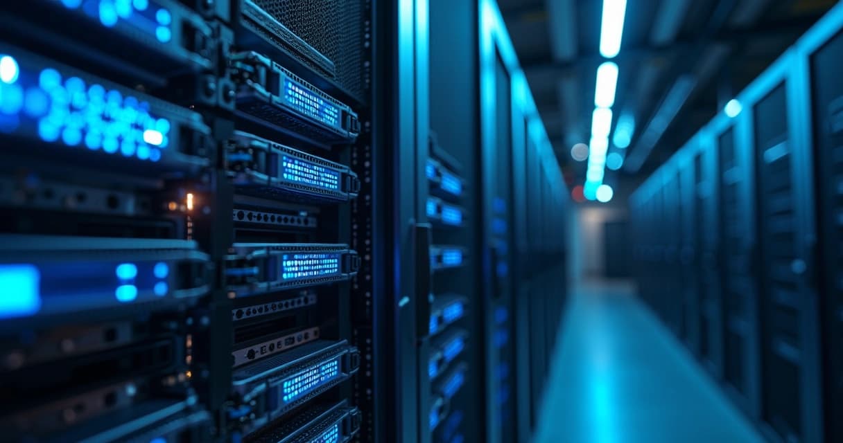 Servidor moderno em data center com luzes azuis e cabos conectados em ambiente tecnológico