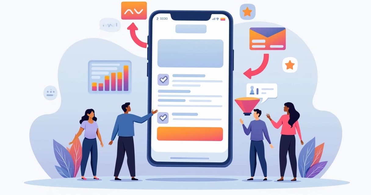 Ilustração de landing page em tela de celular atraindo pessoas em volta