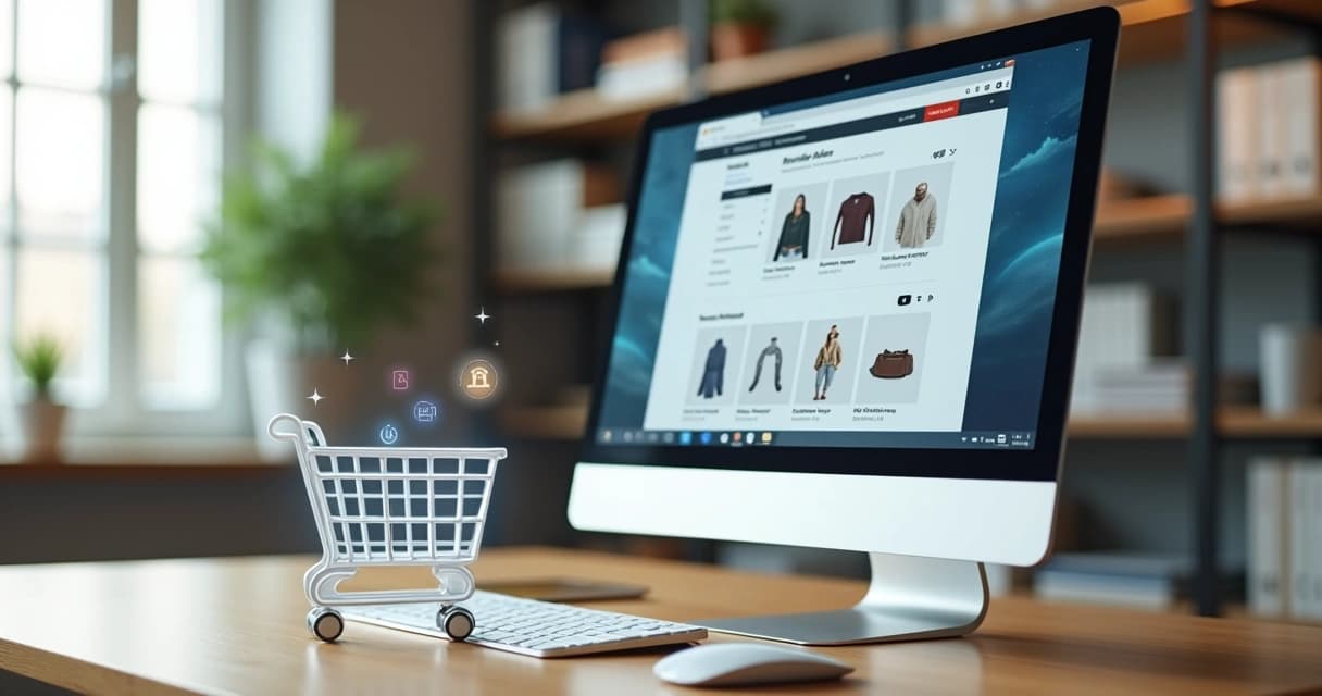 Computador com tela mostrando loja virtual, teclado e carrinho de compras digital na mesa