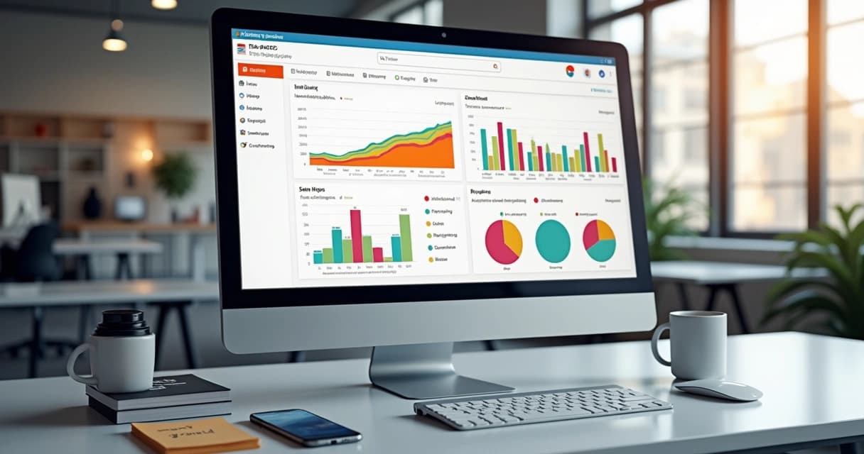 Tela de computador exibindo dashboard de loja virtual com gráficos de vendas e produtos