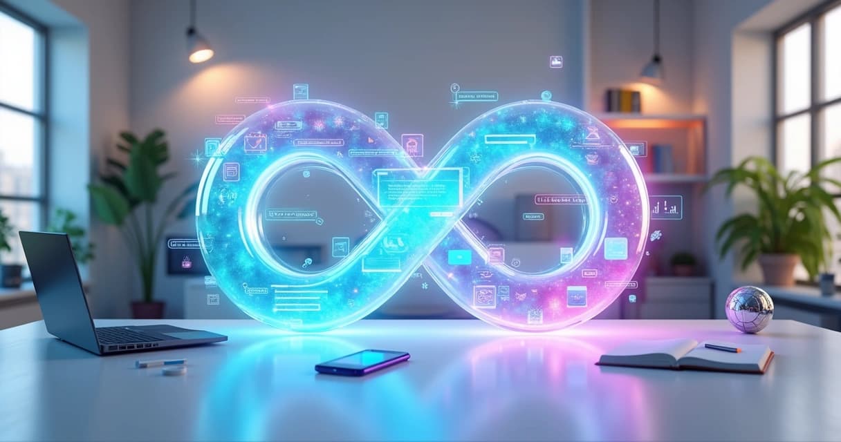 Conceptual loop of marketing channels e IA com símbolos digitais coloridos em ciclo infinito