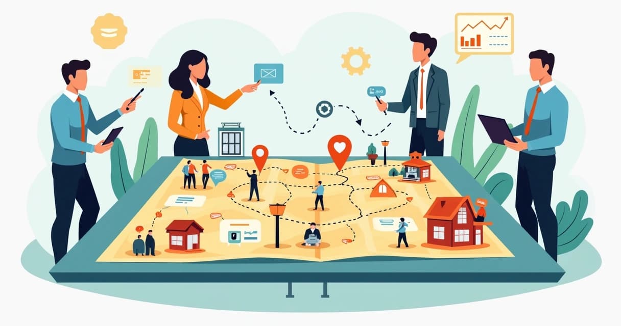Mapa ilustrado de planejamento de marketing conduzindo pequena empresa ao crescimento