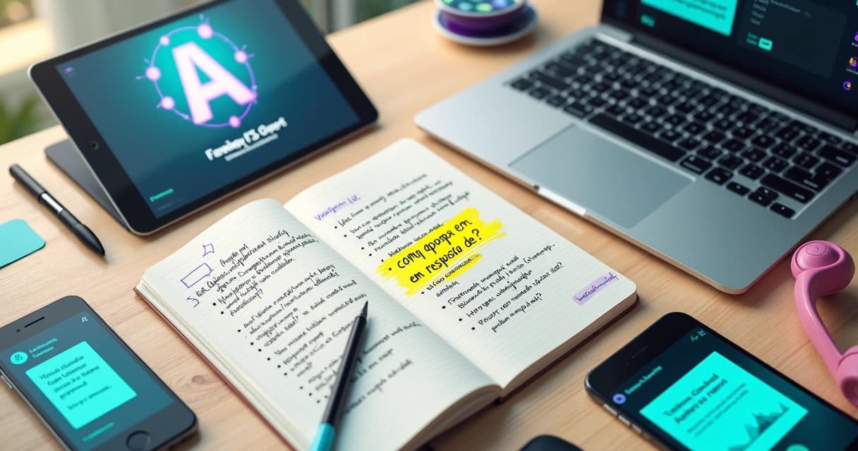 Mesa vista de cima com caderno e vários dispositivos exibindo respostas de IA destacando uma marca