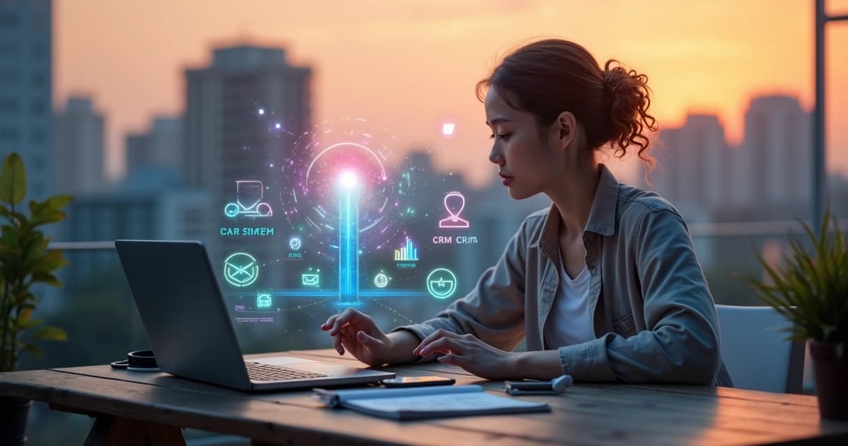 Profissional de marketing com notebook cercado por interface holográfica de IA