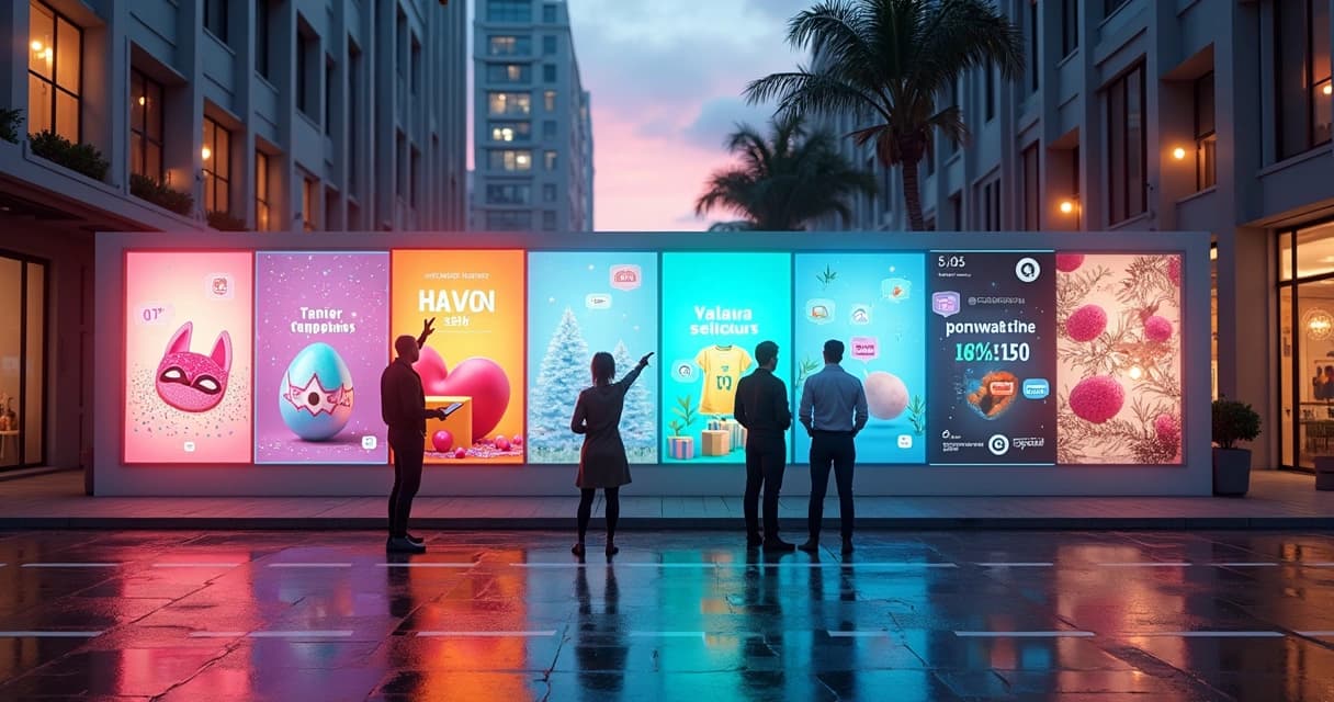 Vitrine digital com campanhas de marketing sazonal de diferentes datas comemorativas