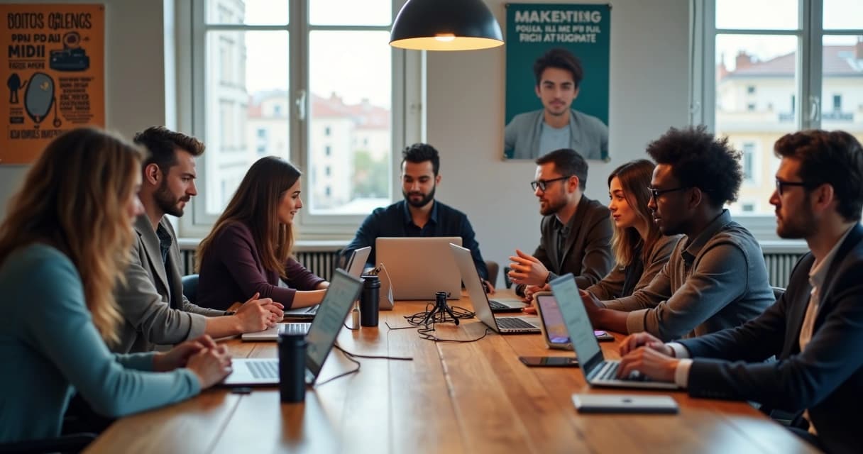 Influenciadores digitais a trabalhar em estúdio moderno com equipamentos tecnológicos, laptops e smartphones
