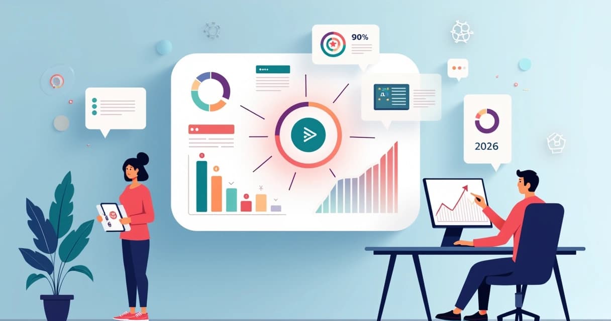 Profissional analisa métricas de IA em painel com destaque para marca central