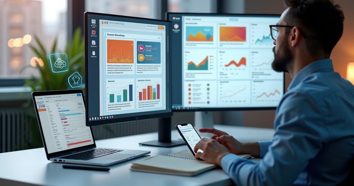 Profissional analisa painel de newsletter com gráficos de desempenho em tela de computador