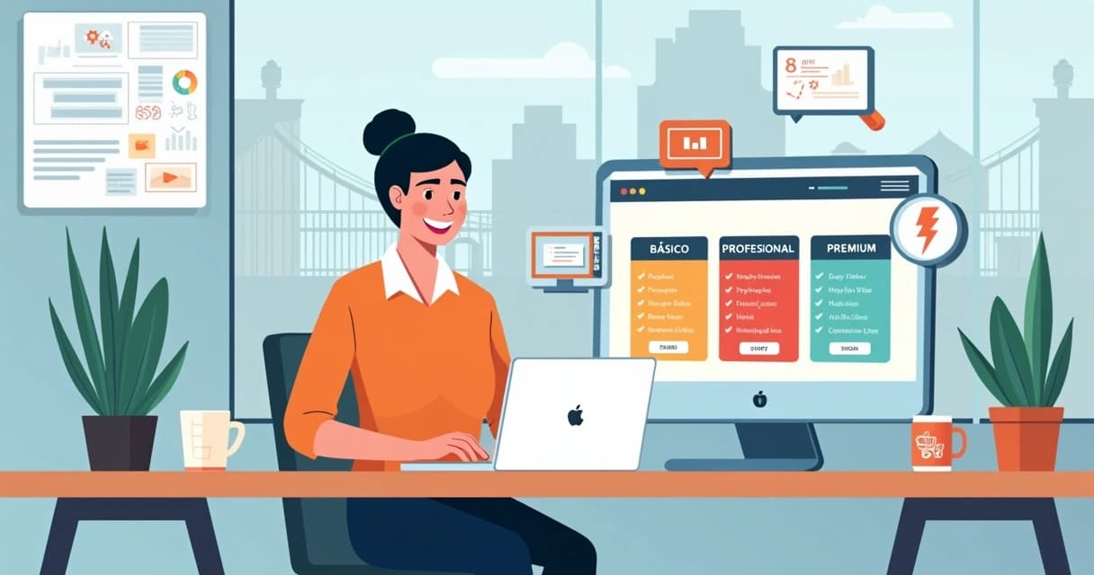Empresário compara orçamento de site em escritório moderno com ícones digitais