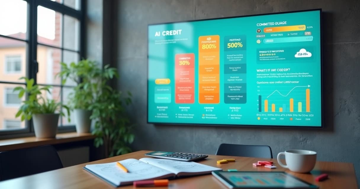 Painel digital com matriz de créditos de IA e gráficos de custos mensais
