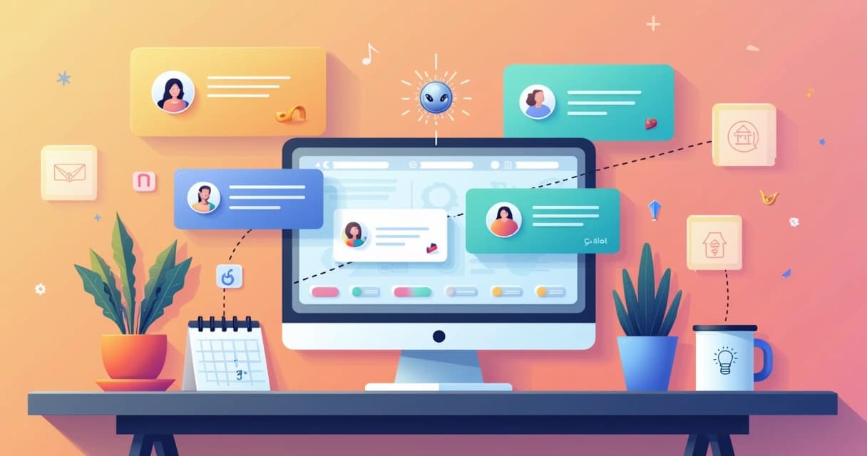 Ilustração de computador mostrando mensagens personalizadas com ícones de IA e marketing digital