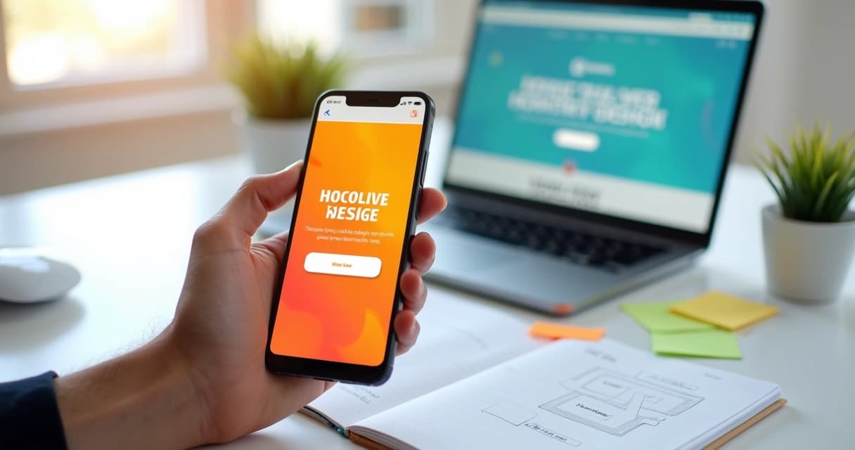 Mão segurando smartphone exibindo site moderno com foco na primeira impressão online