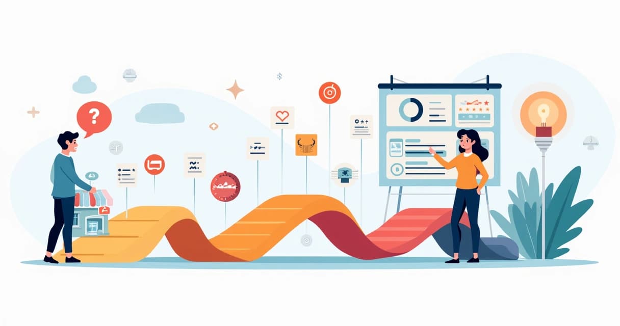 Ilustração de caminho com dez etapas conectando cliente e vendedor com painel de CRM