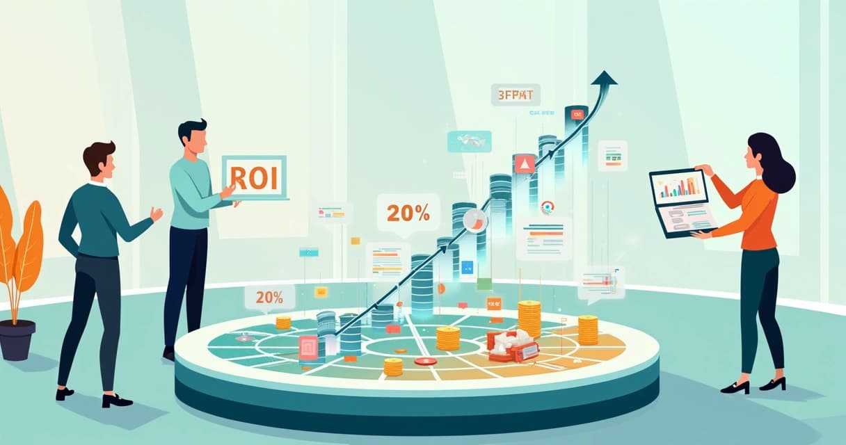 Equipe observando labirinto de dados se transformando em gráfico de ROI em alta