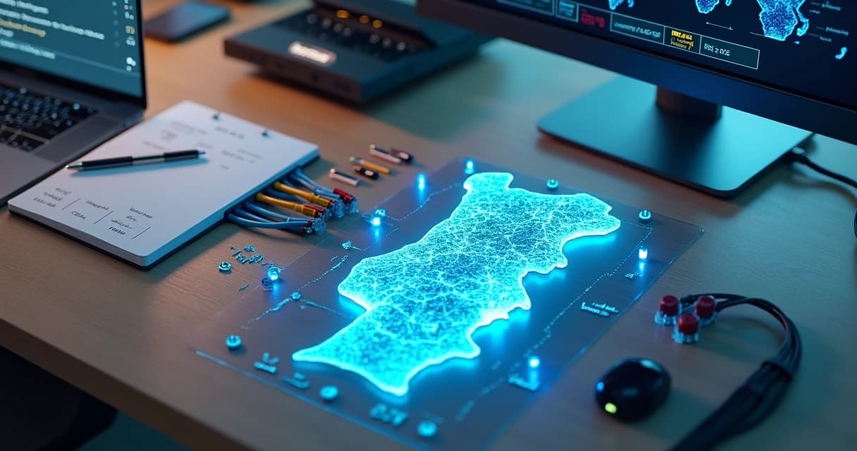 Mapa de Portugal em mesa com cabos de rede e ícones de DNS