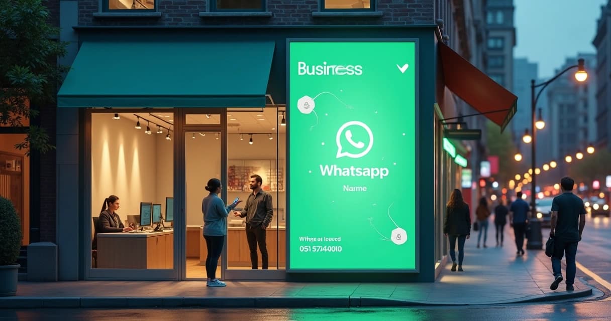 Ilustração de empresa confiável exibindo selo oficial do WhatsApp em fachada digital
