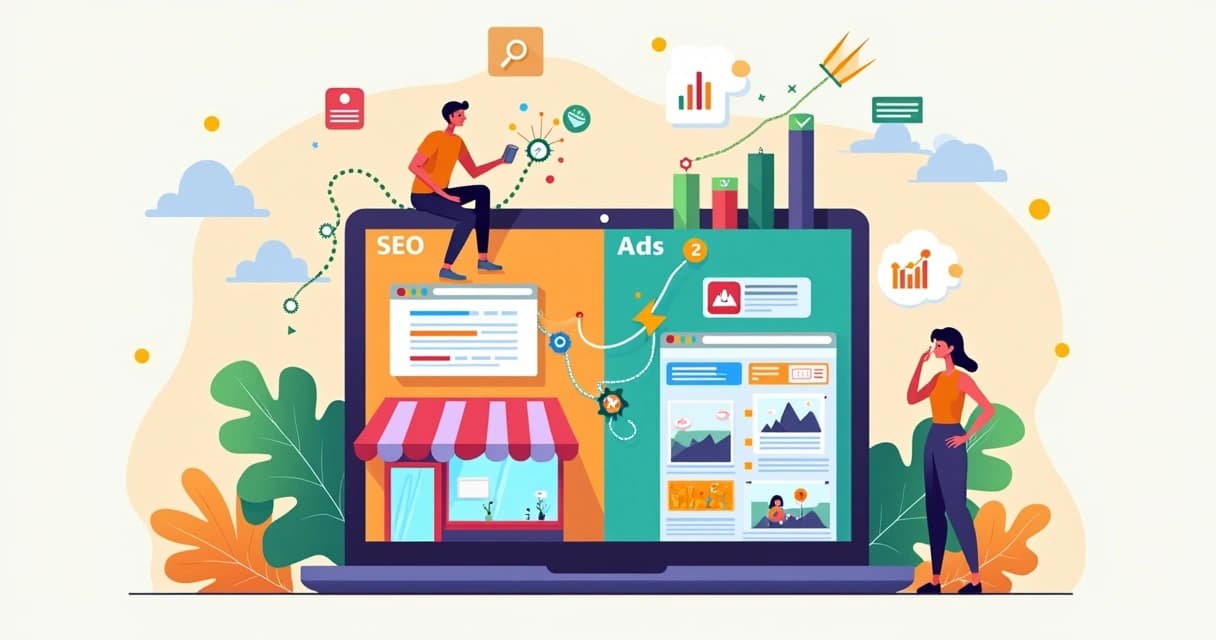 Comparação entre SEO e Google Ads em ilustração de pequena loja digital