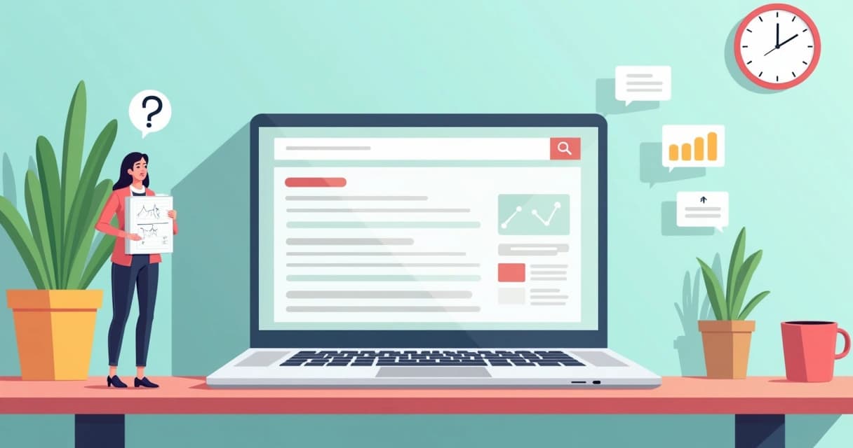 Empreendedora confusa procurando o site perdido entre resultados em branco