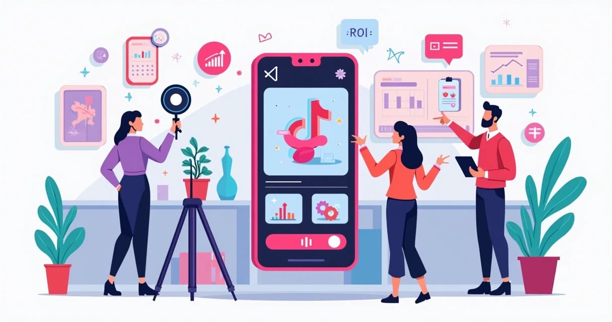Equipe de marketing em ambiente criativo usando TikTok com gráficos de crescimento ao fundo