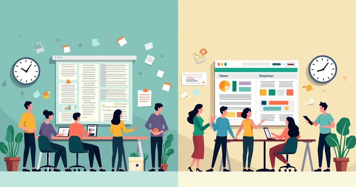 Equipe de escritório caminhando de planilhas caóticas para painel de CRM organizado